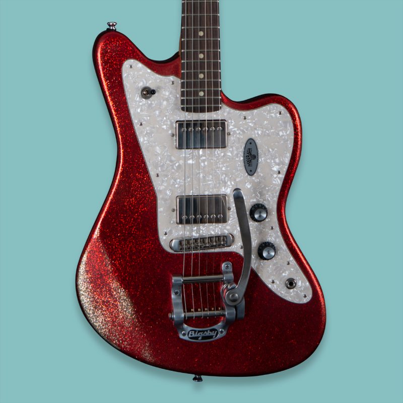 Maybach Electric Guitar Jazpole Red Sparkle Bigsby Customshop by Nick Page front blue square